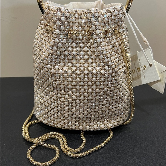 Madison West | Gold Rhinestone & Pearls Mini Tote w/Crossbody Strap - Picture 4 of 13